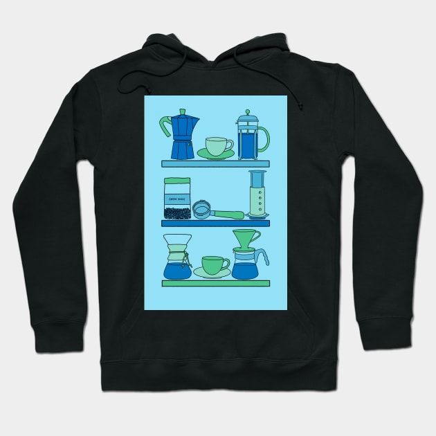 Coffee Shelves in blues and greens Hoodie by Slepowronski